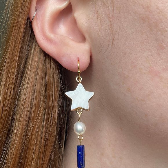 Earring Pearl, Lapis and Mother of Pearl Gold Star, 18KT Plated  Dangle earring - Picture 2 of 4
